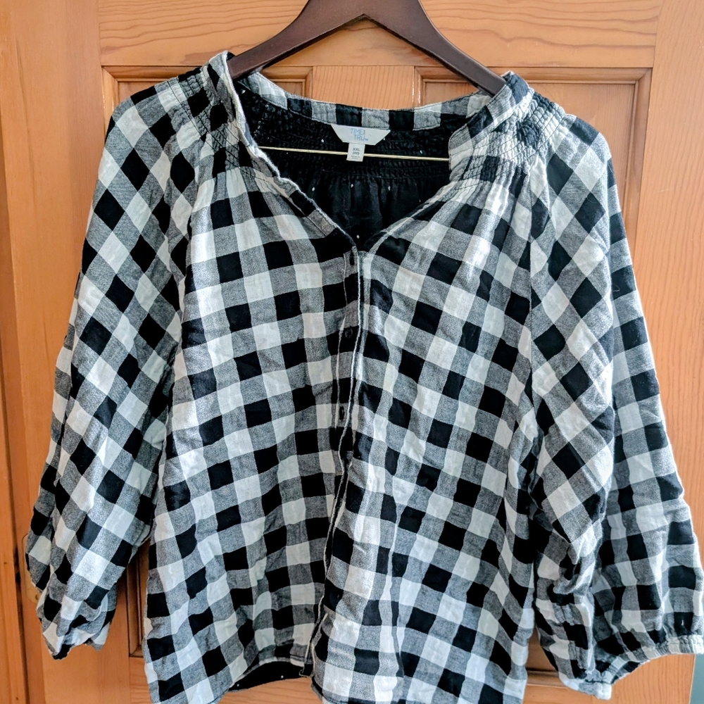 Time and Tru Black and White Plaid Blouse